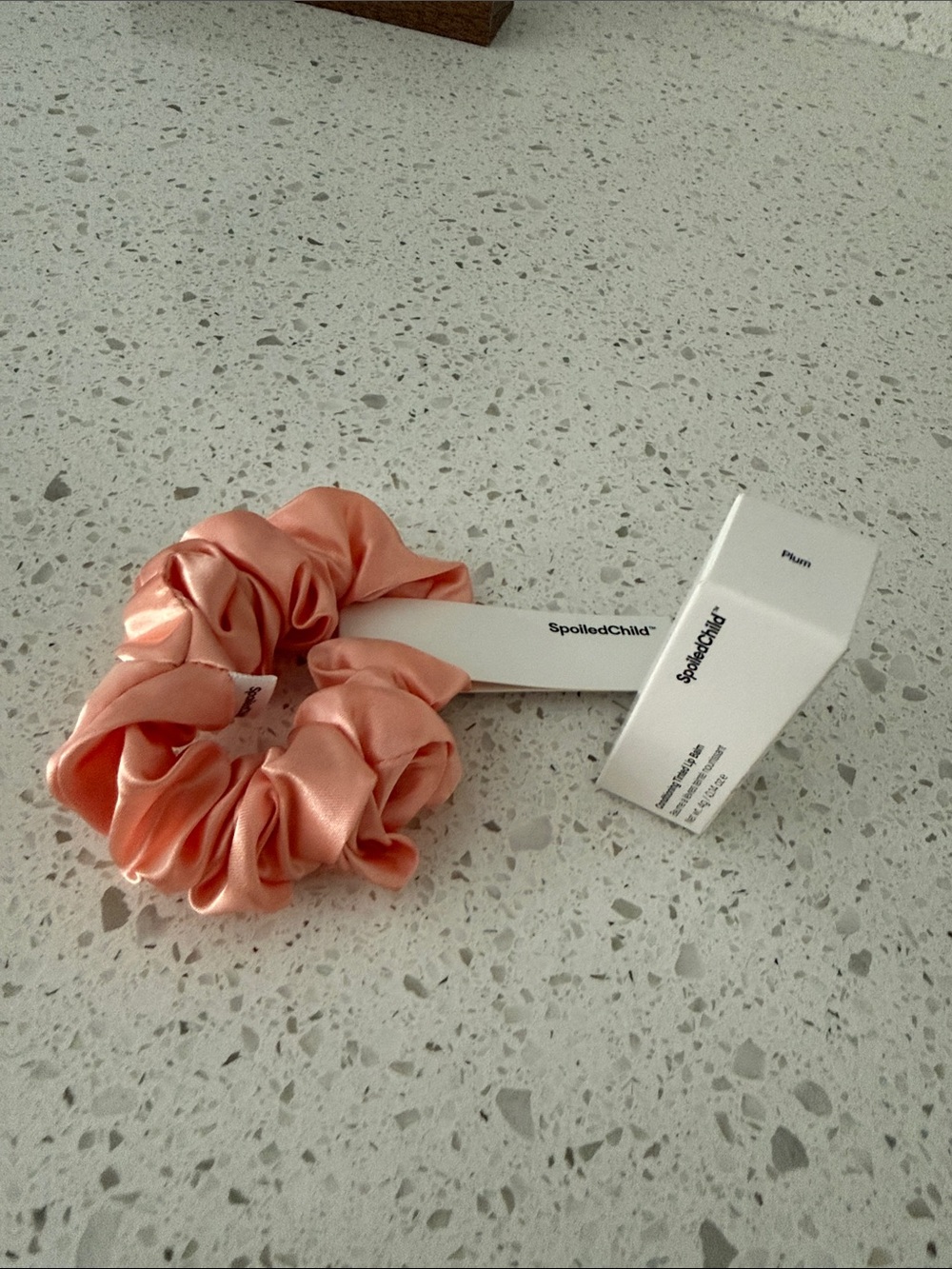 SpoiledChild Satin Scrunchie Set in Peach plum lip balm